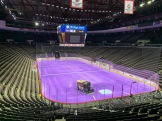Zamboni Machine on the ice--Purple ice for a special cancer awareness game that evening